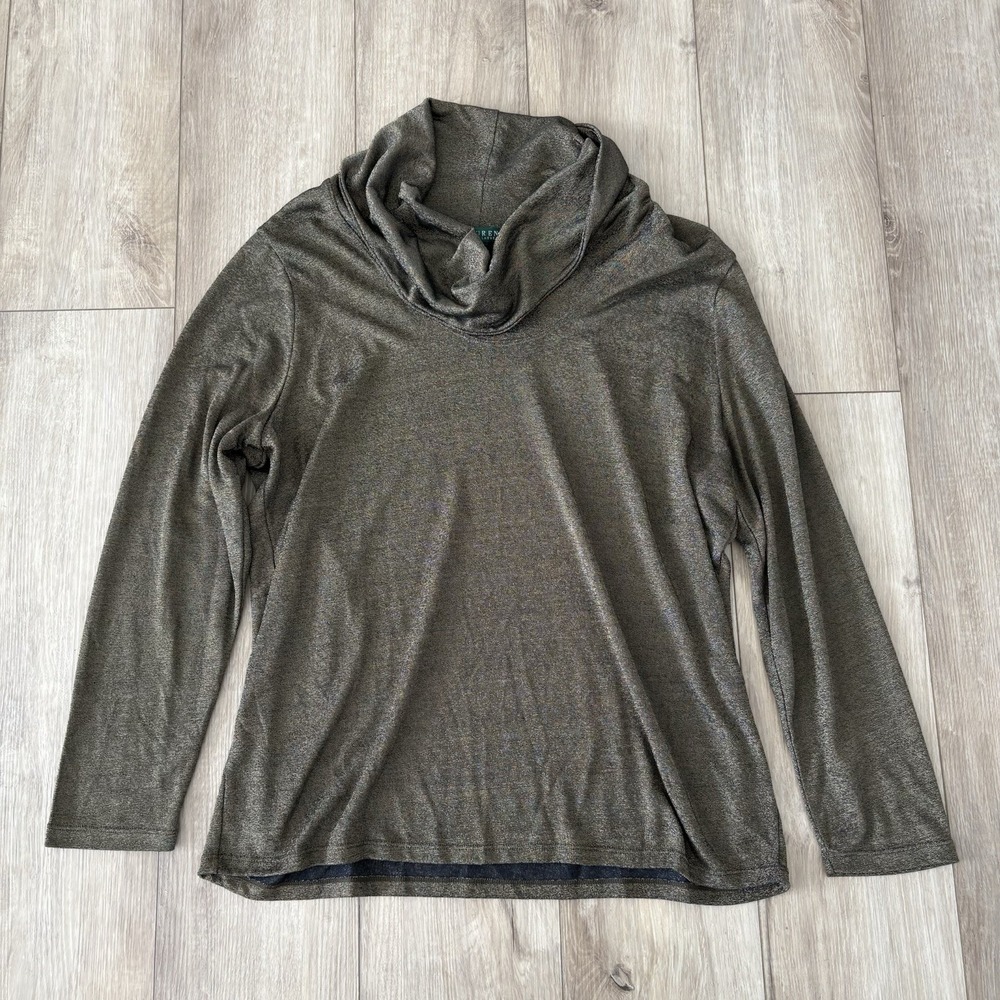Lauren Ralph Lauren Women's Gold Metallic Cowl Neck Long Sleeve Top Size Large